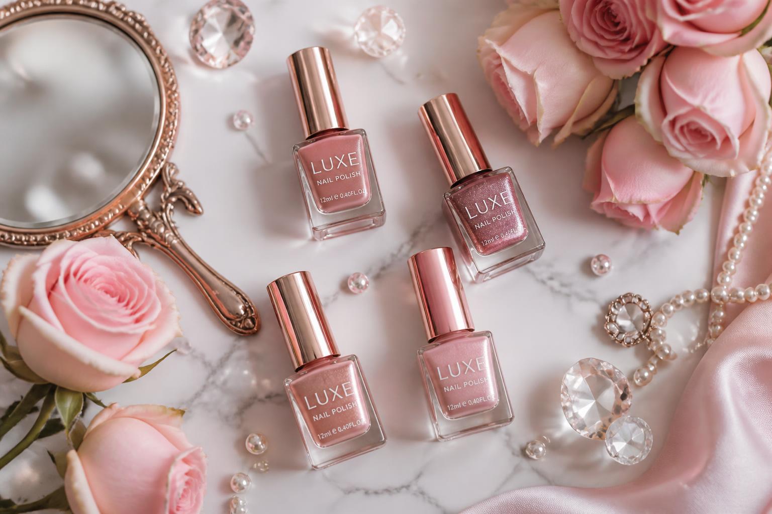 Rose gold nail polish flat-lay